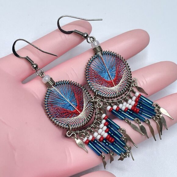 Cute Southwestern Silvertone Blue White Red Beaded Dangle Dream Catcher Earrings - Picture 2 of 6